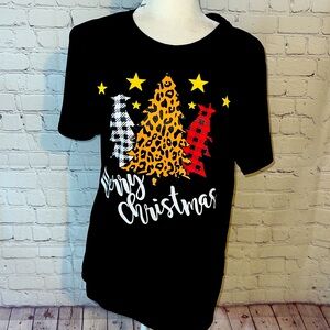 MERRY CHRISTMAS black tee shirt with short sleeve. Trees and stars. Like new